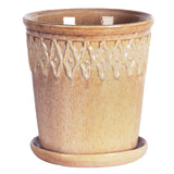 LARGE BEIGE EMBOSSED TOP POT WITH SAUCER