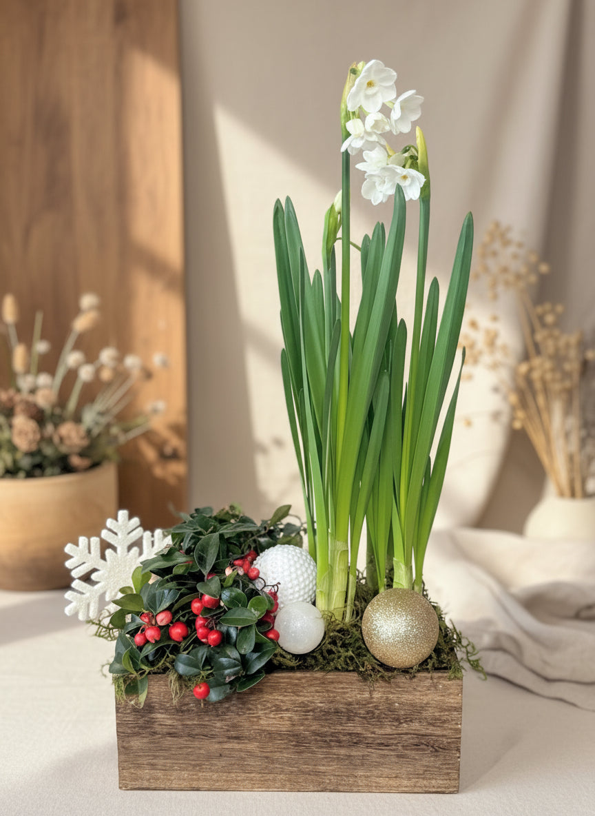Decorative plant arrangement with a wooden box, white flowers, green leaves, and red berries on a white background.