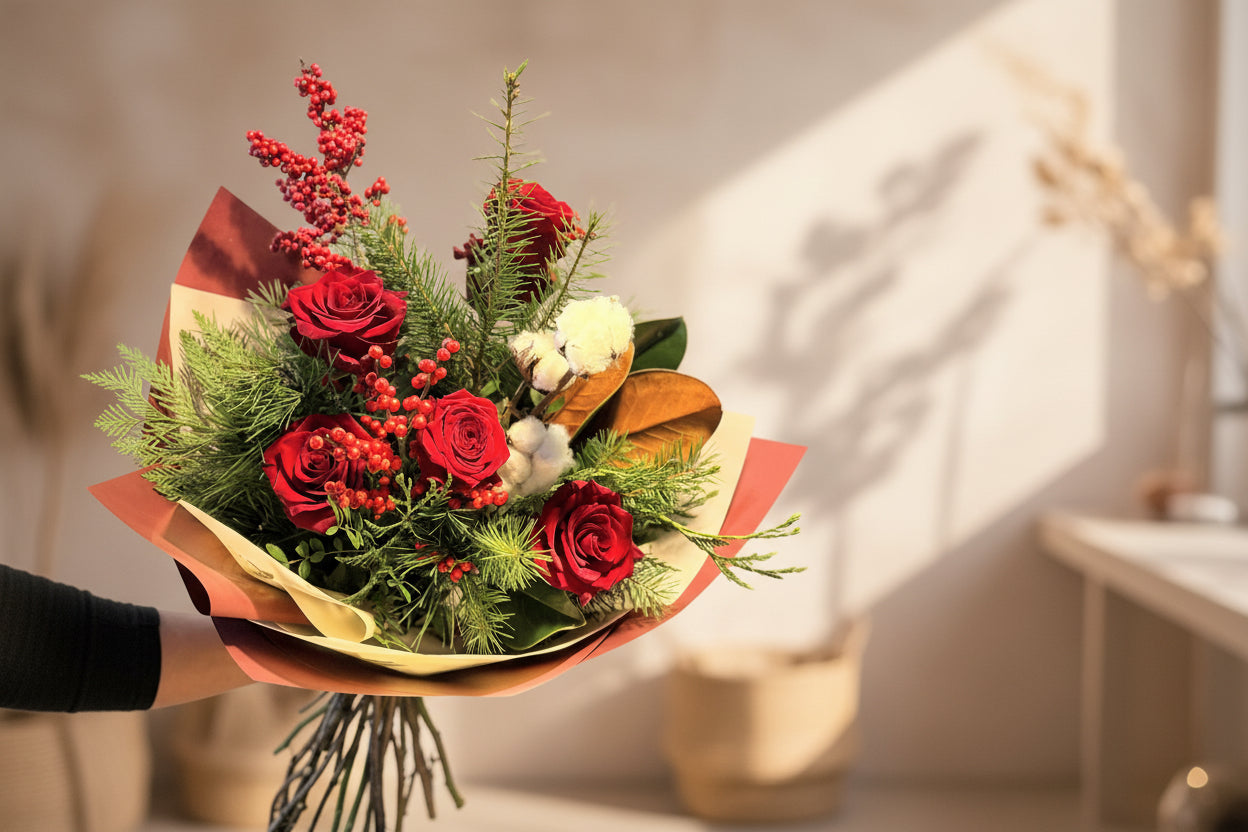 A bouquet of red roses, winter greens, magnolia, and berries.